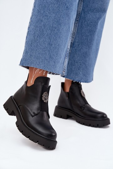 Schwarze gefütterte flache Stiefel für Damen mit Verzierungen Lavira