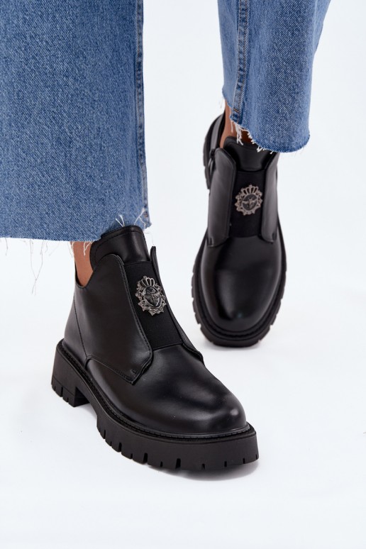 Schwarze gefütterte flache Stiefel für Damen mit Verzierungen Lavira