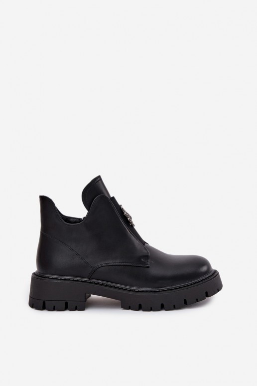 Schwarze gefütterte flache Stiefel für Damen mit Verzierungen Lavira