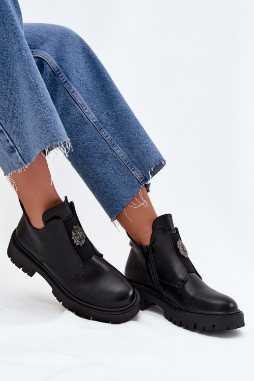 Schwarze gefütterte flache Stiefel für Damen mit Verzierungen Lavira