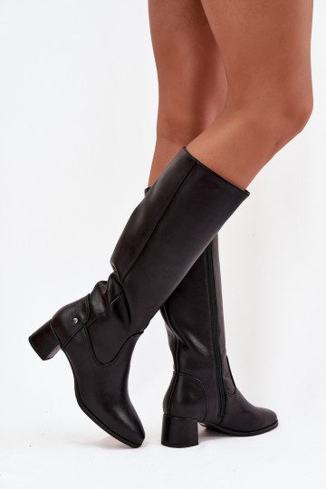 Schwarze gefütterte Damen-Overknee-Stiefel aus Leder mit Absätzen 2