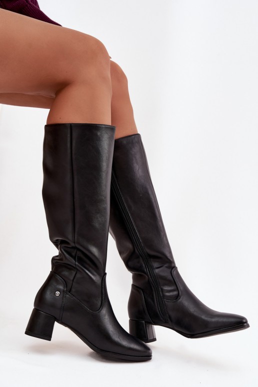 Schwarze gefütterte Damen-Overknee-Stiefel aus Leder mit Absätzen