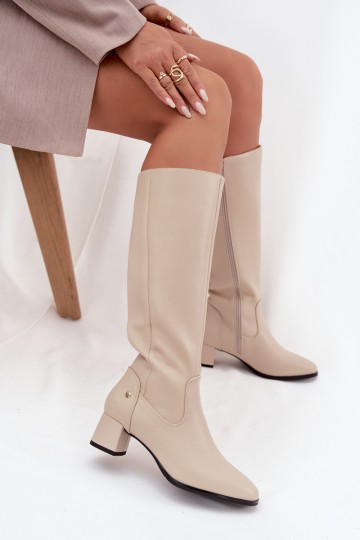 Beige gefütterte Damen-Overknee-Stiefel aus Leder mit Absätzen