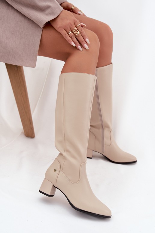 Beige gefütterte Damen-Overknee-Stiefel aus Leder mit Absätzen