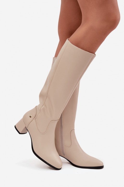 Beige gefütterte Damen-Overknee-Stiefel aus Leder mit Absätzen