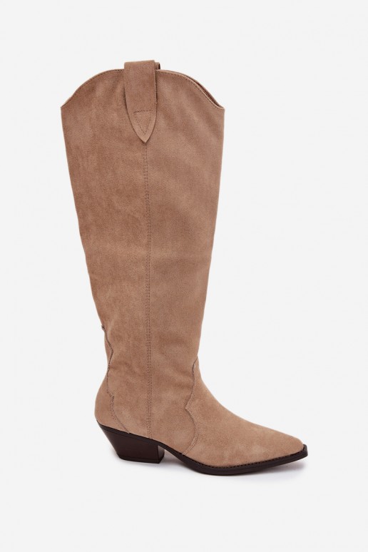 Wärmende lange Cowboy-Stiefel mit Absatz aus Kunstveloursleder in Sandfarbe Jovianne