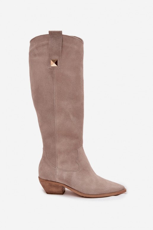 Cappuccino-farbene Kunstveloursleder-Stiefel im Cowboy-Stil mit Futter Zazoo 4224