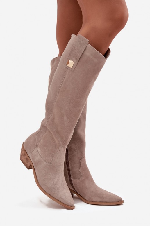 Cappuccino-farbene Kunstveloursleder-Stiefel im Cowboy-Stil mit Futter Zazoo 4224