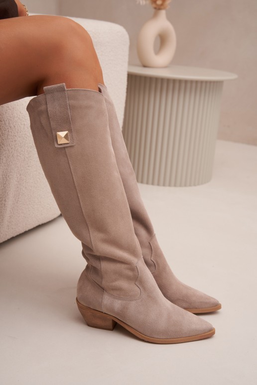 Cappuccino-farbene Kunstveloursleder-Stiefel im Cowboy-Stil mit Futter Zazoo 4224