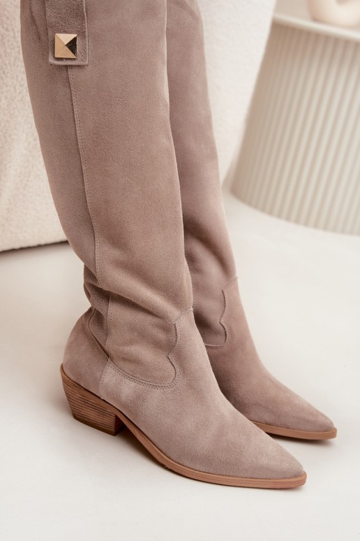 Cappuccino-farbene Kunstveloursleder-Stiefel im Cowboy-Stil mit Futter Zazoo 4224