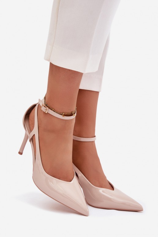 Beige Kunstleder-Pumps mit Lackeffekt Fionnel
