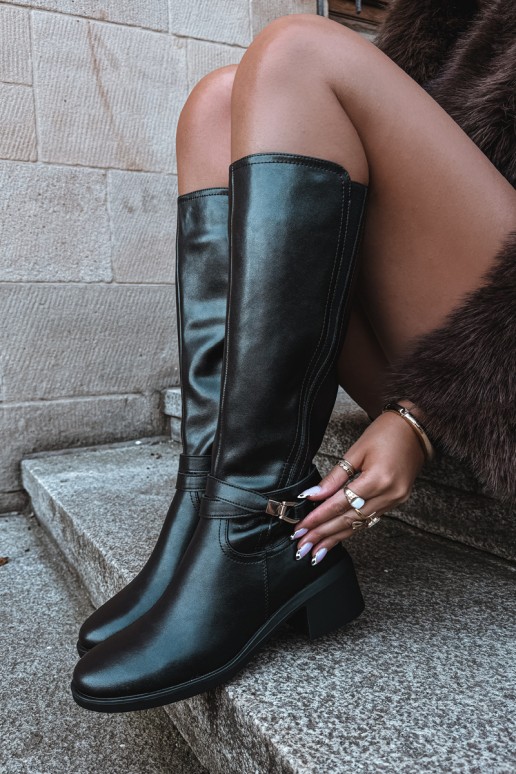 Warmes Leder-Kniehohe Stiefel mit dekorierten Absätzen Sergio Leone KZ-13 schwarz