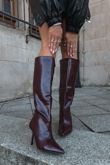 Warme Überknie-Stiefel mit dünnen Absätzen in Bordeauxfarbe Fenoria 2