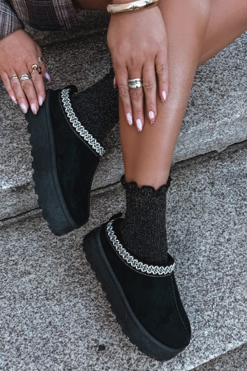 Damen niedrige Schneestiefel mit bestickten Blumen und Plattform in schwarzer Farbe Įjungtarirya 2