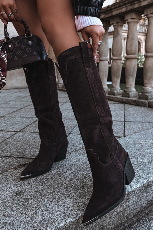 Wärmende kniehohe Cowboy-Stiefel mit Absatz aus Kunstveloursleder in Braun