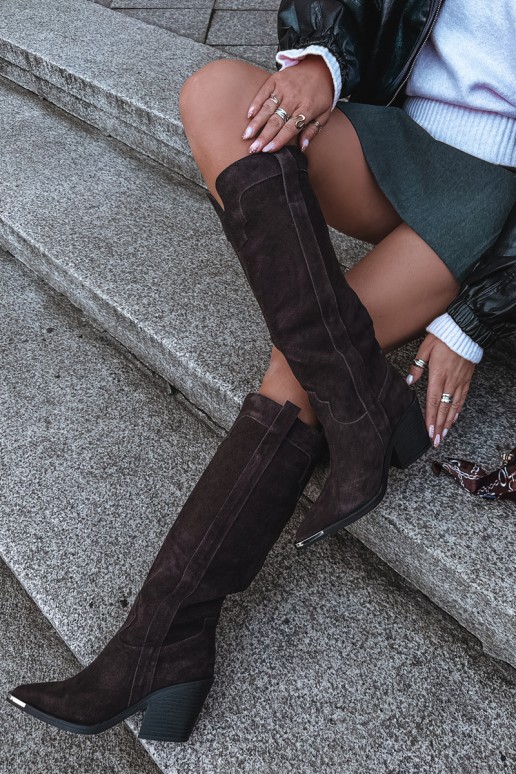Wärmende kniehohe Cowboy-Stiefel mit Absatz aus Kunstveloursleder in Braun
