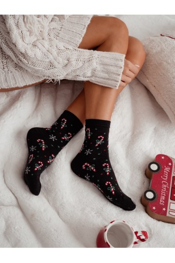 Schwarze Damensocken mit Zuckerstangen und Schneeflocken