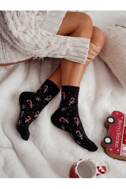Schwarze Damensocken mit Zuckerstangen und Schneeflocken