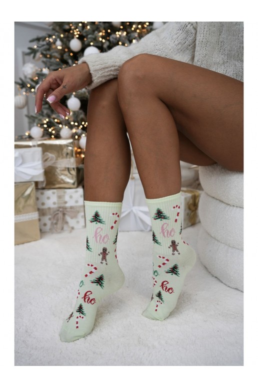 Pistazienfarbene Damensocken mit Weihnachtsbäumen Ho Ho Ho