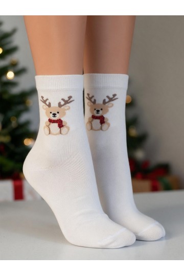 Kinderstrümpfe mit Weihnachtsbär und Hörnern in Elfenbein