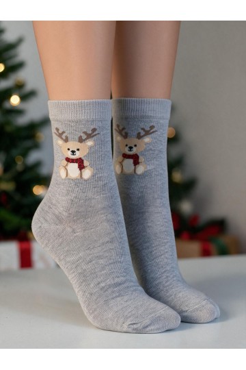 Kinderstrümpfe mit Weihnachtsbär und Hörnern in Grau