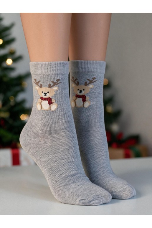 Kinderstrümpfe mit Weihnachtsbär und Hörnern in Grau