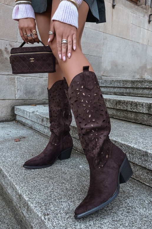 Ausschnitt kniehohe Cowboy-Stiefel mit Absatz in Braun Salirae