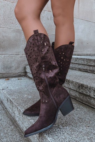 Ausschnitt kniehohe Cowboy-Stiefel mit Absatz in Braun Salirae 2