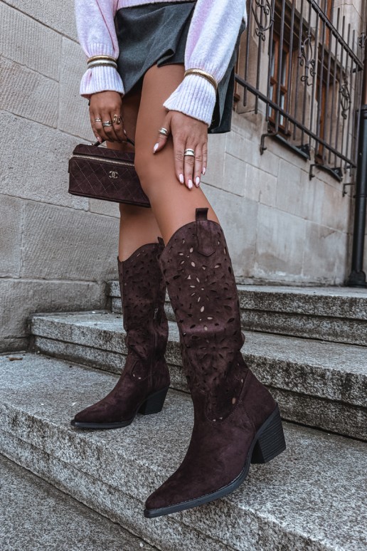 Ausschnitt kniehohe Cowboy-Stiefel mit Absatz in Braun Salirae