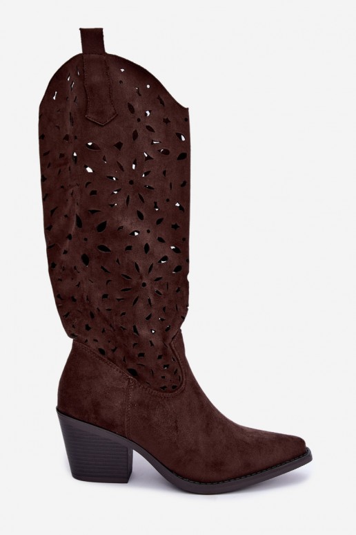 Ausschnitt kniehohe Cowboy-Stiefel mit Absatz in Braun Salirae