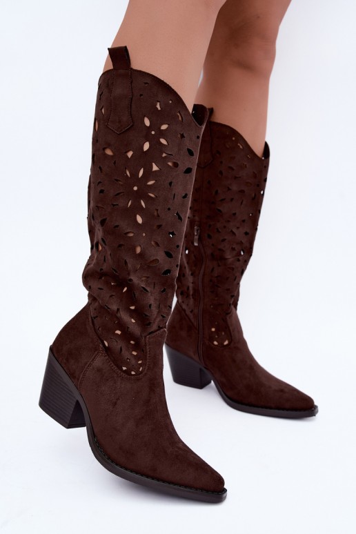 Ausschnitt kniehohe Cowboy-Stiefel mit Absatz in Braun Salirae