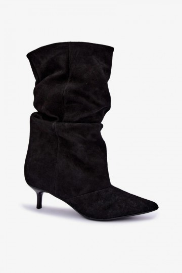 Schlüpfschuh-Stiefeletten mit Absatz aus Kunstveloursleder in schwarzer Farbe Cindrelle