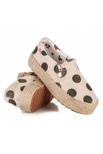 Trendige cremefarbene Textilschuhe für Kinder mit dekorativem Reißverschluss und schwarzen Punkten K1645004NE
