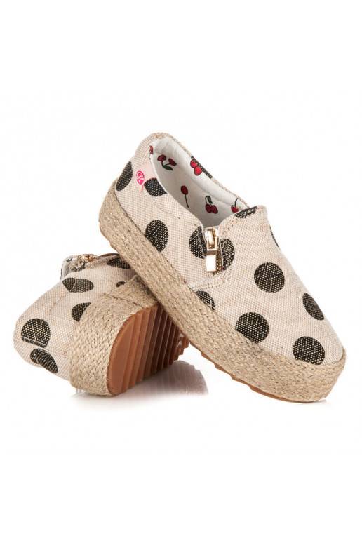 Cremefarbene Kinder-Textilschuhe mit dekorativem Reißverschluss und schwarzen Punkten K1645004NE  - 2