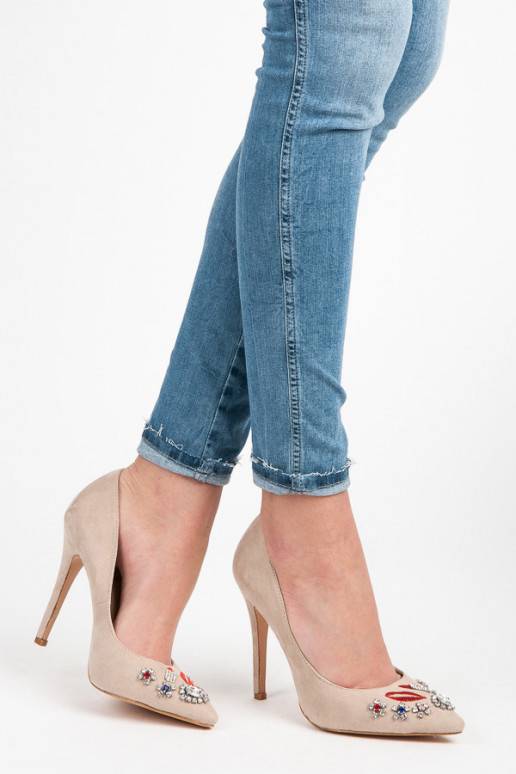 Beigefarbene Wildlederschuhe mit gestickten und glänzenden Details WL119BE  - 1