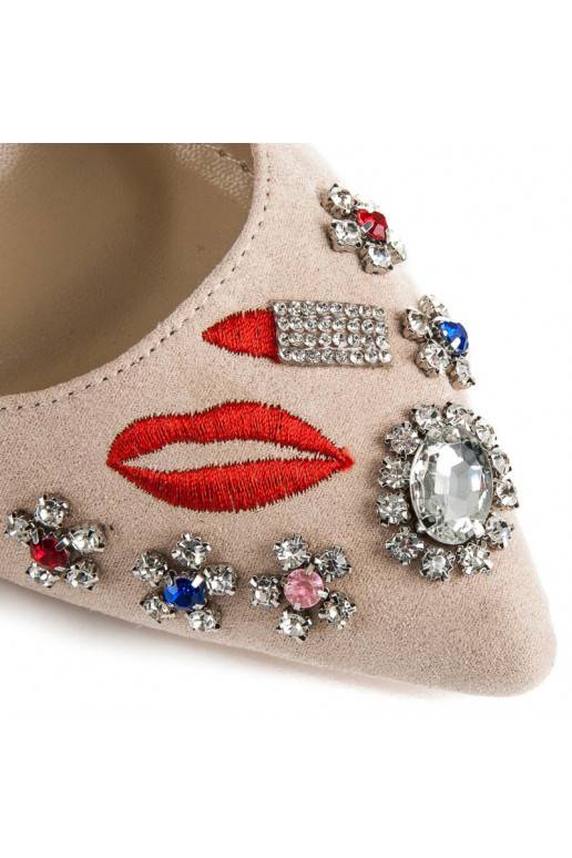 Beigefarbene Wildlederschuhe mit gestickten und glänzenden Details WL119BE  - 2