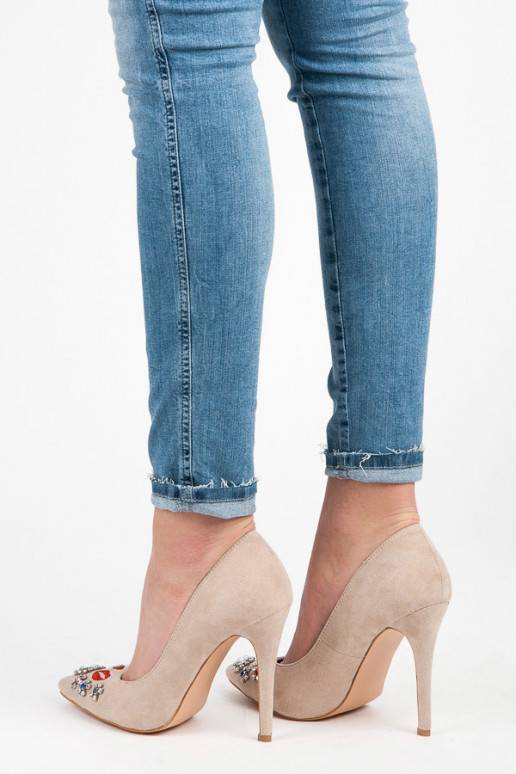 Beigefarbene Wildlederschuhe mit gestickten und glänzenden Details WL119BE  - 3