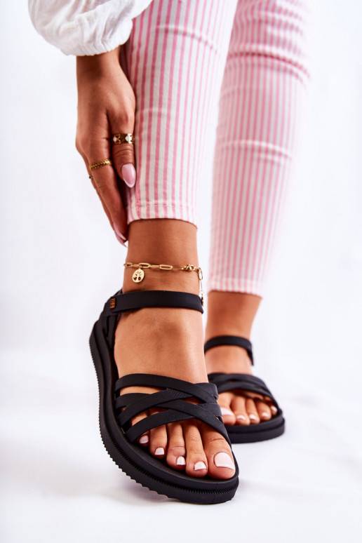 Damensandalen mit Klebeverschlüssen in Schwarz
