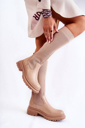 Beige gestreifte Allys-Stiefel mit breitem Absatz
