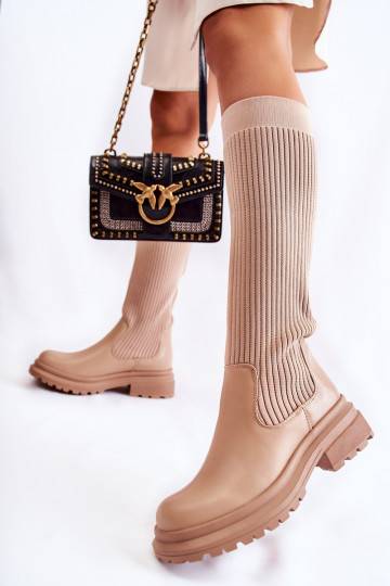 Beige gestreifte Allys-Stiefel mit breitem Absatz 2