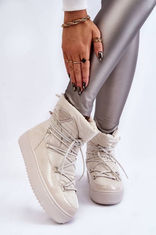 Carrios Elfenbeinfarbene, beheizte Schneestiefel zum Schnüren für Damen