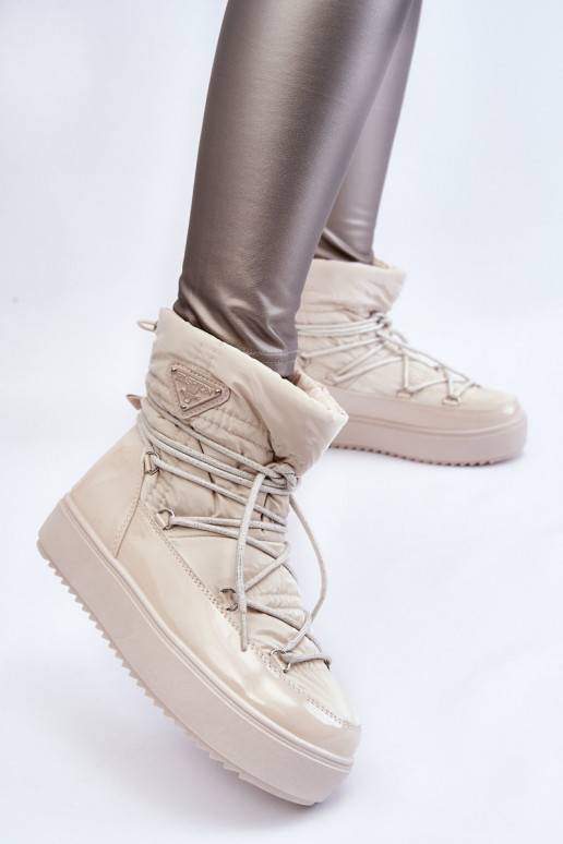 Carrios Elfenbeinfarbene, beheizte Schneestiefel zum Schnüren für Damen