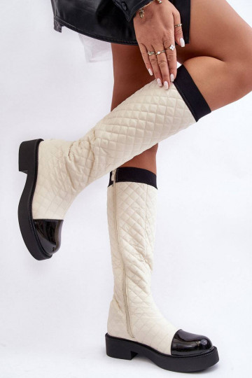 Beige gesteppte lange Amalfri-Stiefel mit breiten Absätzen 2
