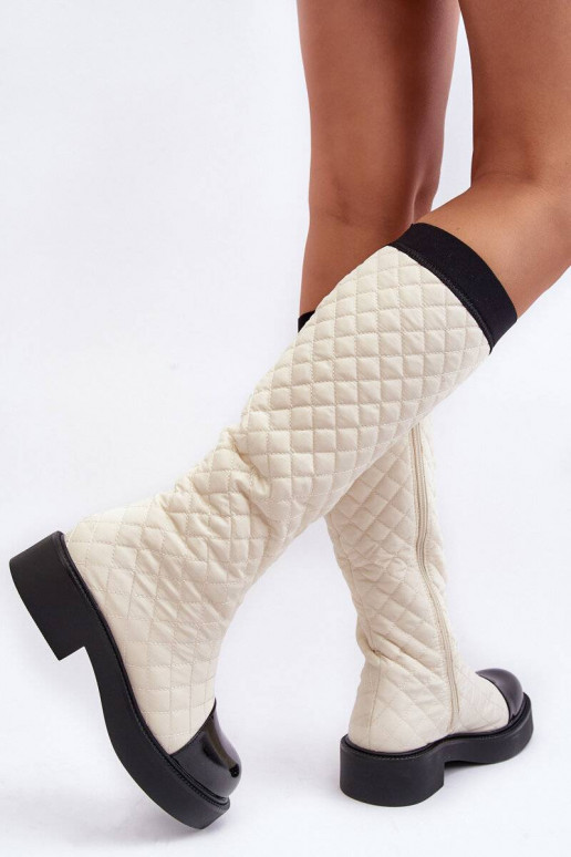 Beige gesteppte lange Amalfri-Stiefel mit breiten Absätzen