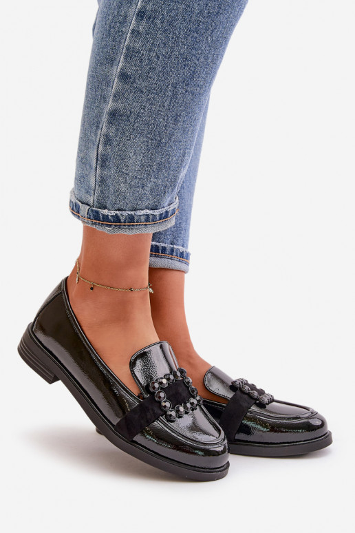 Lackierte Mokassins Feminin mit Ornamenten schZuarze Farbe Vinceza 58389