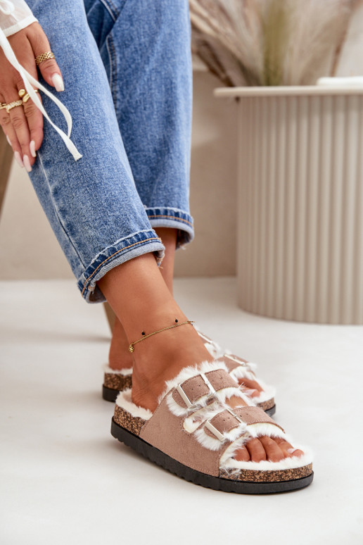 Feminin Hausschuhe Hausschuhe mit Schnallen und ein Pelzmantel Beige Ezilena Feminin Hausschuhe Hausschuhe mit Schnallen und ein Pelzmantel Beige Ezilena