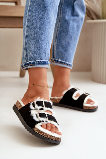 Feminin Hausschuhe Hausschuhe mit Schnallen und ein Pelzmantel schZuarze Farbe Ezilena