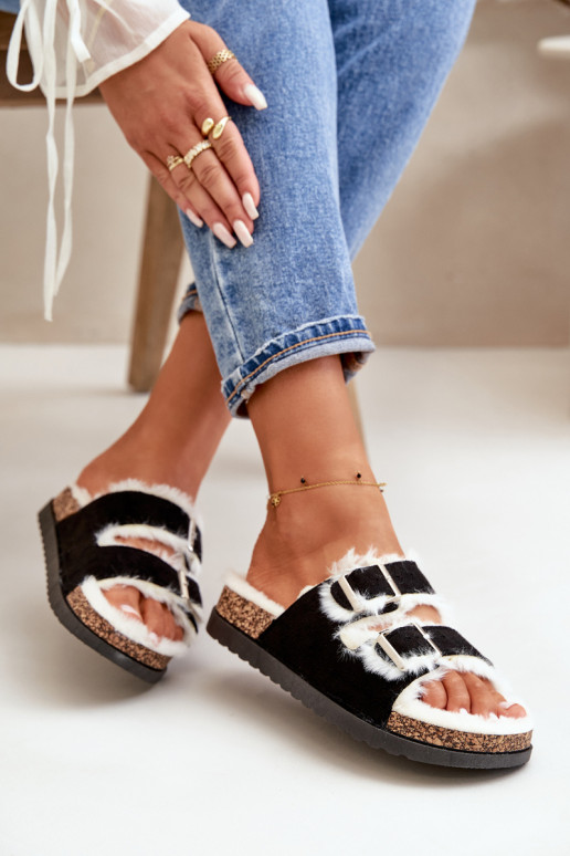 Feminin Hausschuhe Hausschuhe mit Schnallen und ein Pelzmantel schZuarze Farbe Ezilena Feminin Hausschuhe Hausschuhe mit Schnallen und ein Pelzmantel schZuarze Farbe Ezilena