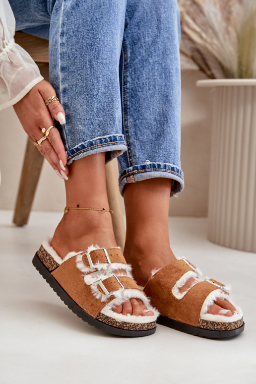 Feminin Hausschuhe Hausschuhe mit Schnallen und ein Pelzmantel braune Farbe Ezilena Feminin Hausschuhe Hausschuhe mit Schnallen und ein Pelzmantel braune Farbe Ezilena