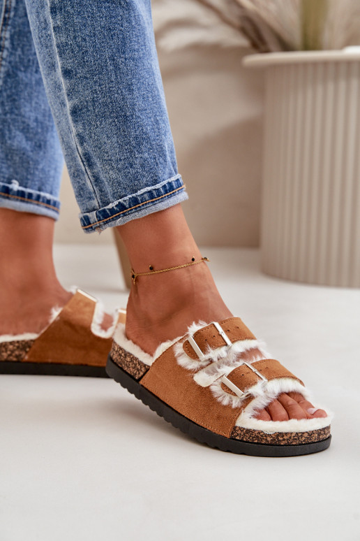 Feminin Hausschuhe Hausschuhe mit Schnallen und ein Pelzmantel braune Farbe Ezilena Feminin Hausschuhe Hausschuhe mit Schnallen und ein Pelzmantel braune Farbe Ezilena